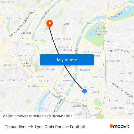 Thibaudière to Lyon Croix Rousse Football map