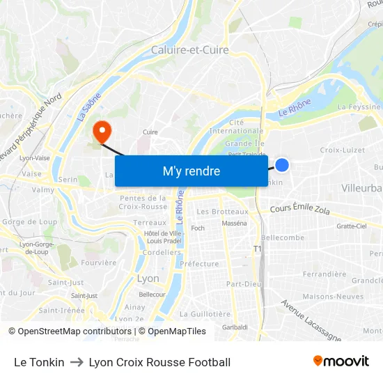 Le Tonkin to Lyon Croix Rousse Football map