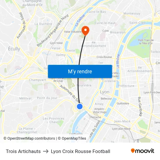 Trois Artichauts to Lyon Croix Rousse Football map