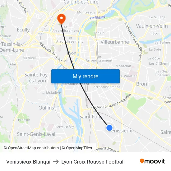 Vénissieux Blanqui to Lyon Croix Rousse Football map
