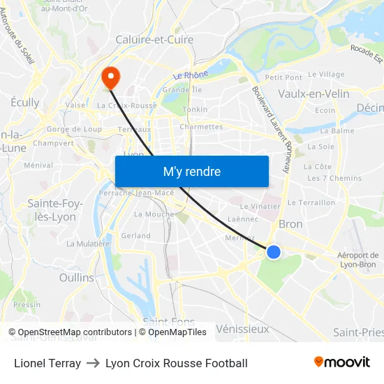 Lionel Terray to Lyon Croix Rousse Football map