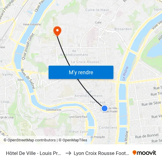 Hôtel De Ville - Louis Pradel to Lyon Croix Rousse Football map