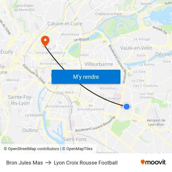Bron Jules Mas to Lyon Croix Rousse Football map