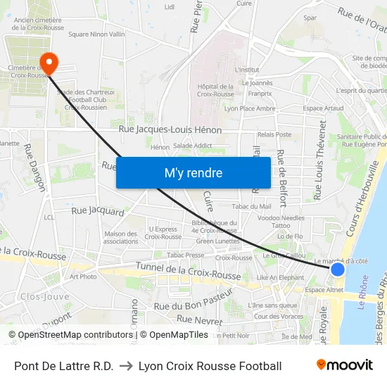 Pont De Lattre R.D. to Lyon Croix Rousse Football map