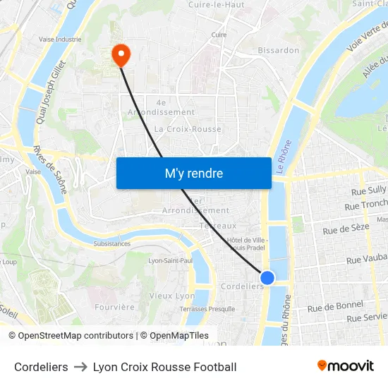 Cordeliers to Lyon Croix Rousse Football map