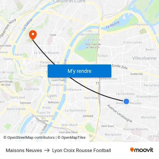 Maisons Neuves to Lyon Croix Rousse Football map