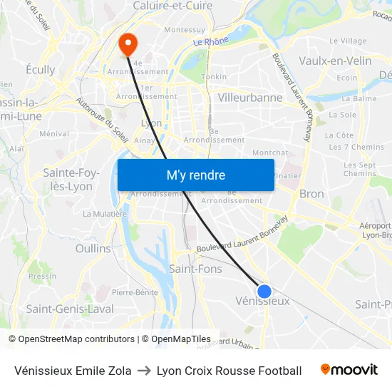 Vénissieux Emile Zola to Lyon Croix Rousse Football map