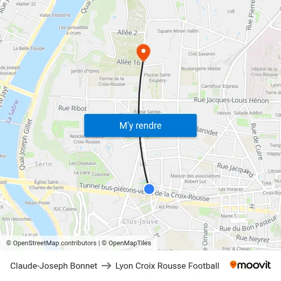 Claude-Joseph Bonnet to Lyon Croix Rousse Football map