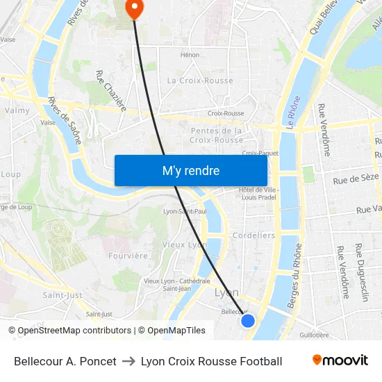 Bellecour A. Poncet to Lyon Croix Rousse Football map