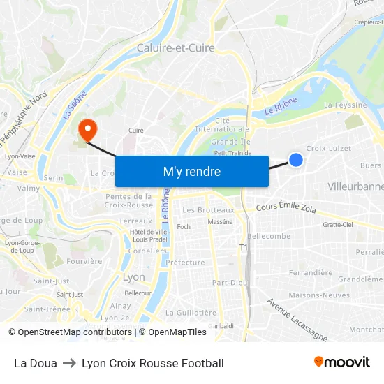 La Doua to Lyon Croix Rousse Football map