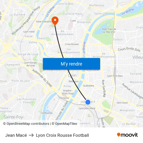 Jean Macé to Lyon Croix Rousse Football map
