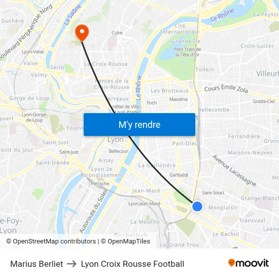 Marius Berliet to Lyon Croix Rousse Football map
