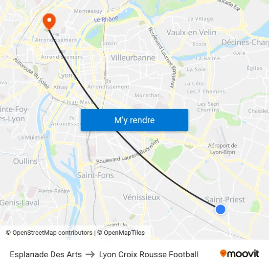 Esplanade Des Arts to Lyon Croix Rousse Football map