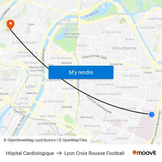 Hôpital Cardiologique to Lyon Croix Rousse Football map