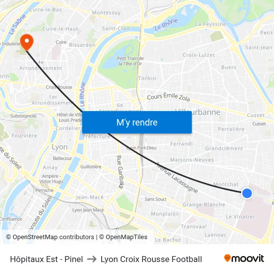Hôpitaux Est - Pinel to Lyon Croix Rousse Football map