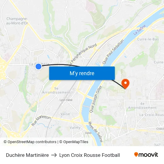 Duchère Martinière to Lyon Croix Rousse Football map