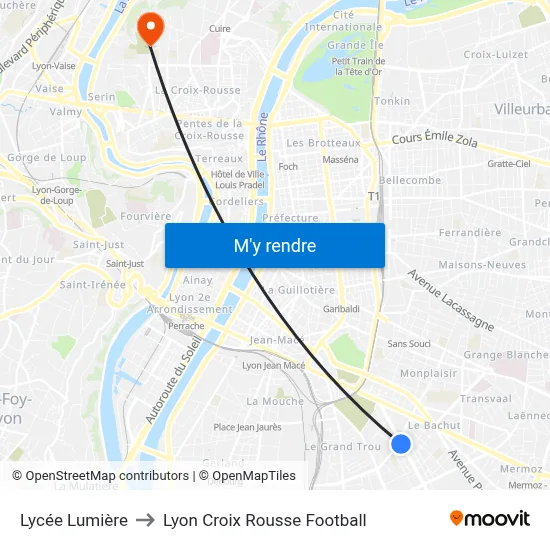 Lycée Lumière to Lyon Croix Rousse Football map