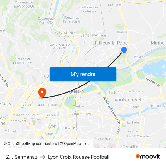 Z.I. Sermenaz to Lyon Croix Rousse Football map