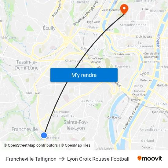 Francheville Taffignon to Lyon Croix Rousse Football map