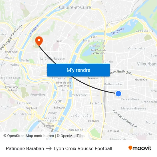 Patinoire Baraban to Lyon Croix Rousse Football map