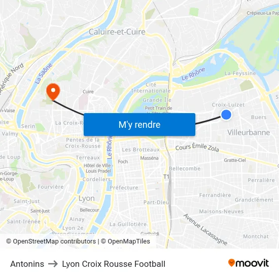 Antonins to Lyon Croix Rousse Football map