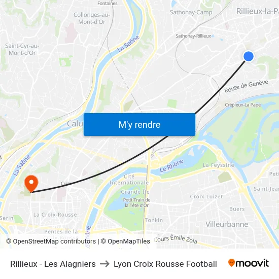 Rillieux - Les Alagniers to Lyon Croix Rousse Football map