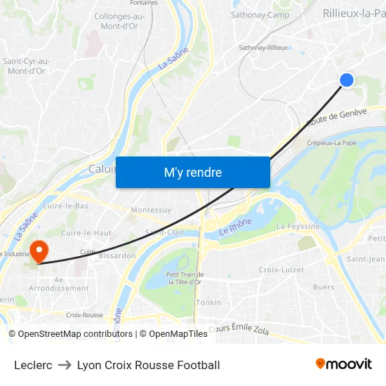 Leclerc to Lyon Croix Rousse Football map