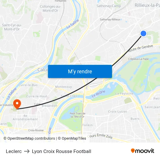 Leclerc to Lyon Croix Rousse Football map