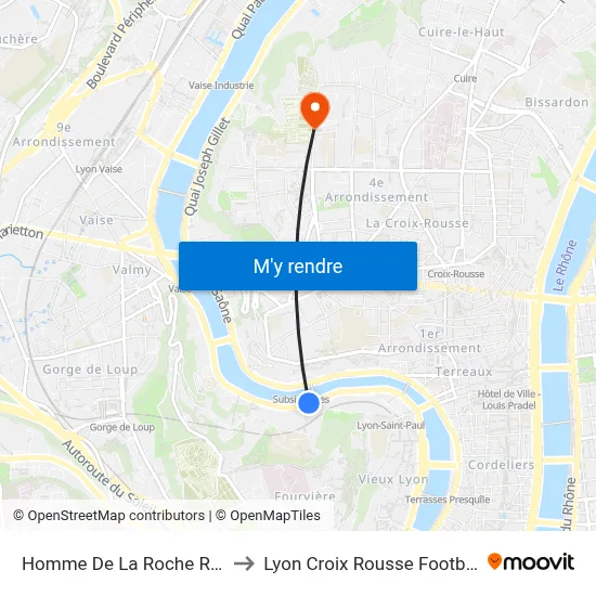 Homme De La Roche R.D. to Lyon Croix Rousse Football map