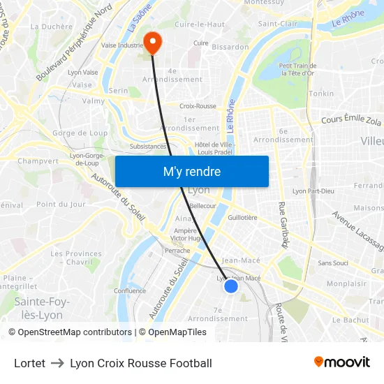 Lortet to Lyon Croix Rousse Football map