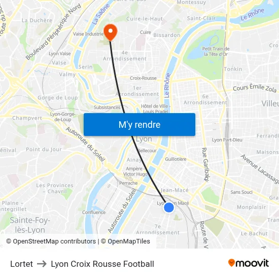 Lortet to Lyon Croix Rousse Football map