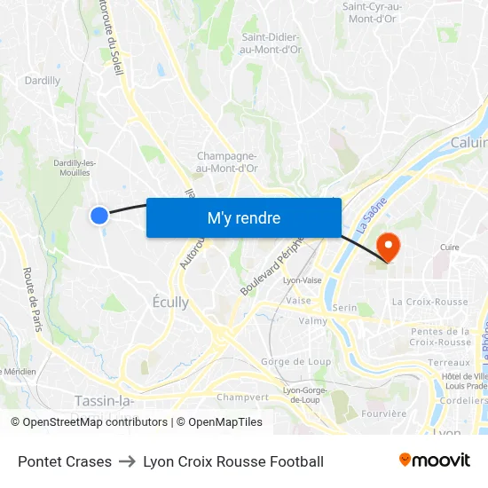 Pontet Crases to Lyon Croix Rousse Football map