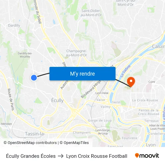 Écully Grandes Écoles to Lyon Croix Rousse Football map