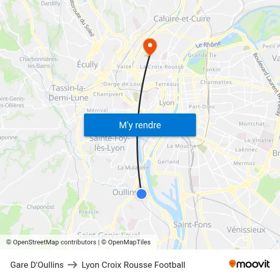 Gare D'Oullins to Lyon Croix Rousse Football map