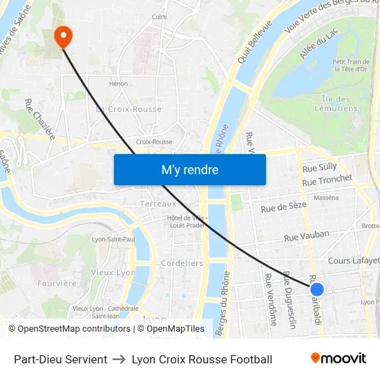 Part-Dieu Servient to Lyon Croix Rousse Football map
