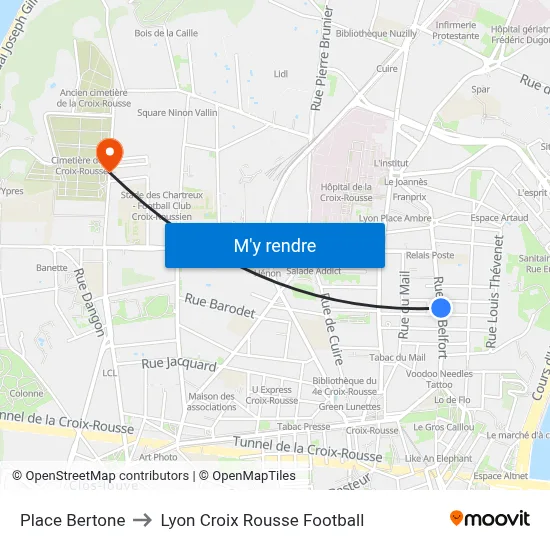 Place Bertone to Lyon Croix Rousse Football map