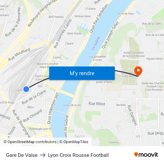 Gare De Vaise to Lyon Croix Rousse Football map
