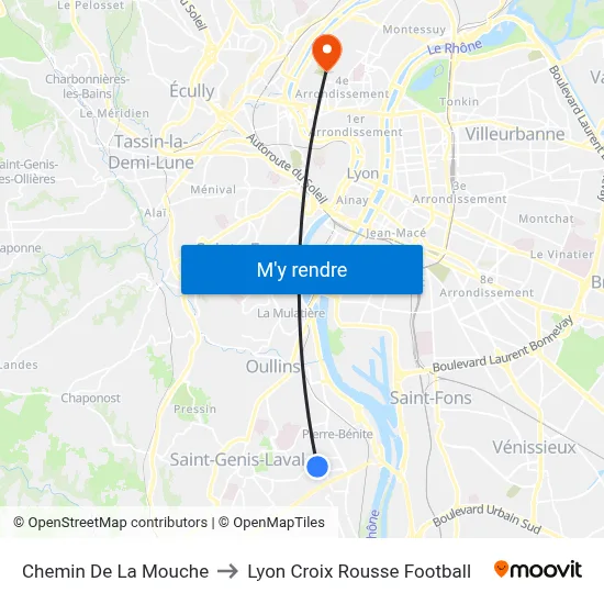 Chemin De La Mouche to Lyon Croix Rousse Football map