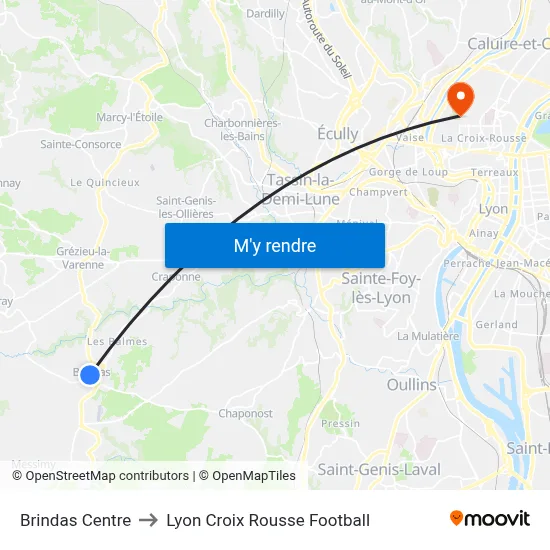 Brindas Centre to Lyon Croix Rousse Football map