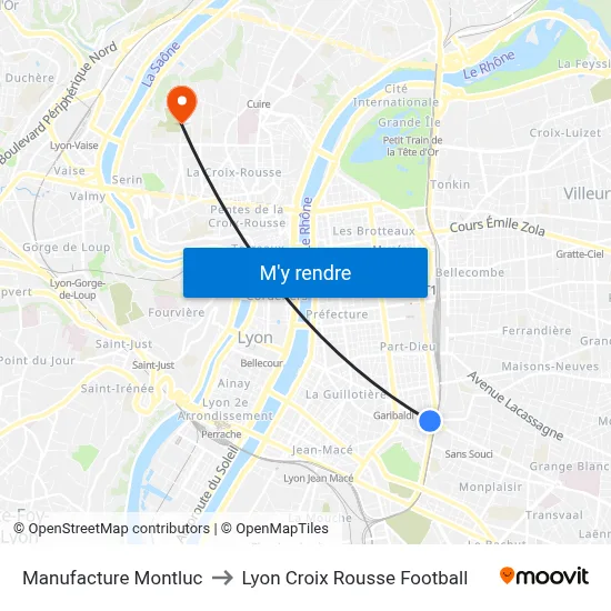 Manufacture Montluc to Lyon Croix Rousse Football map