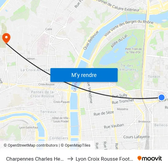 Charpennes Charles Hernu to Lyon Croix Rousse Football map
