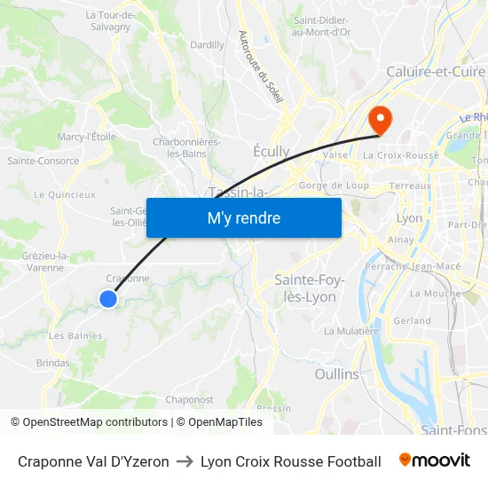 Craponne Val D'Yzeron to Lyon Croix Rousse Football map