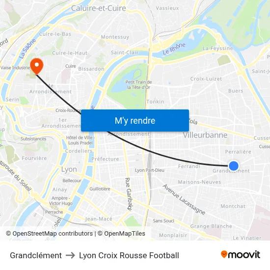 Grandclément to Lyon Croix Rousse Football map