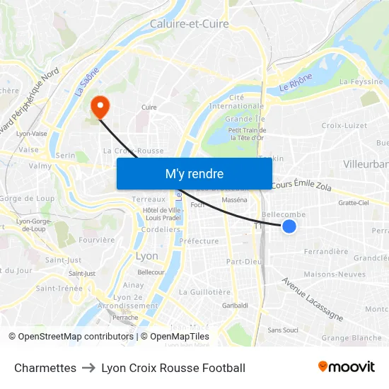 Charmettes to Lyon Croix Rousse Football map