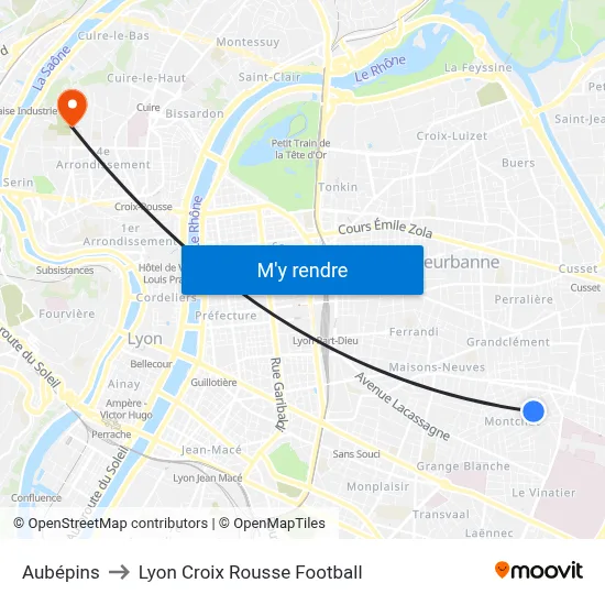 Aubépins to Lyon Croix Rousse Football map