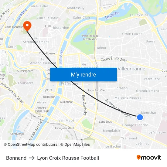 Bonnand to Lyon Croix Rousse Football map