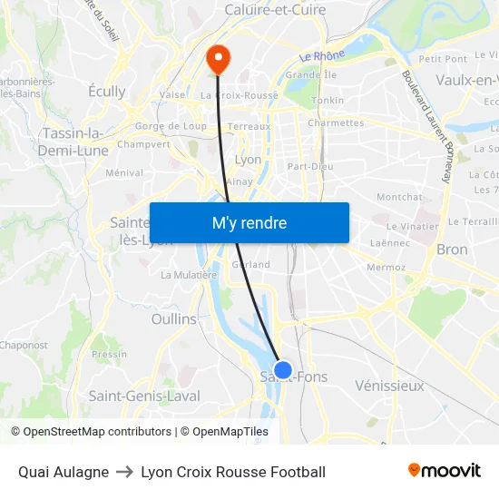 Quai Aulagne to Lyon Croix Rousse Football map