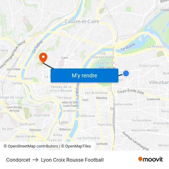Condorcet to Lyon Croix Rousse Football map