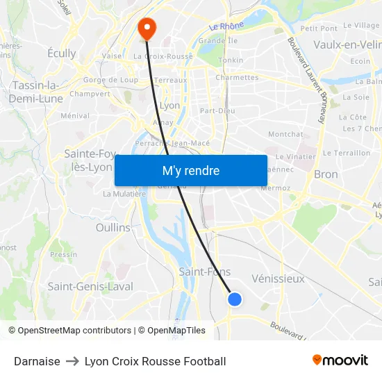 Darnaise to Lyon Croix Rousse Football map