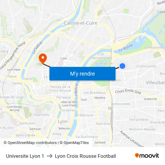 Universite Lyon 1 to Lyon Croix Rousse Football map